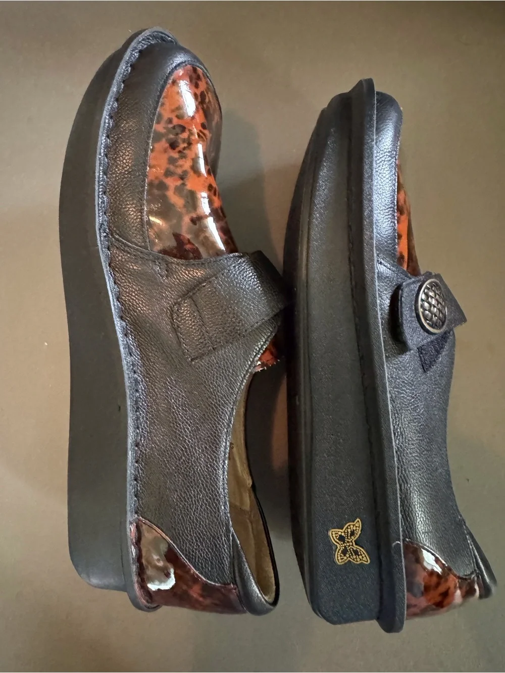 Alegria Black and Brown Tortoiseshell Slip-On Loafers